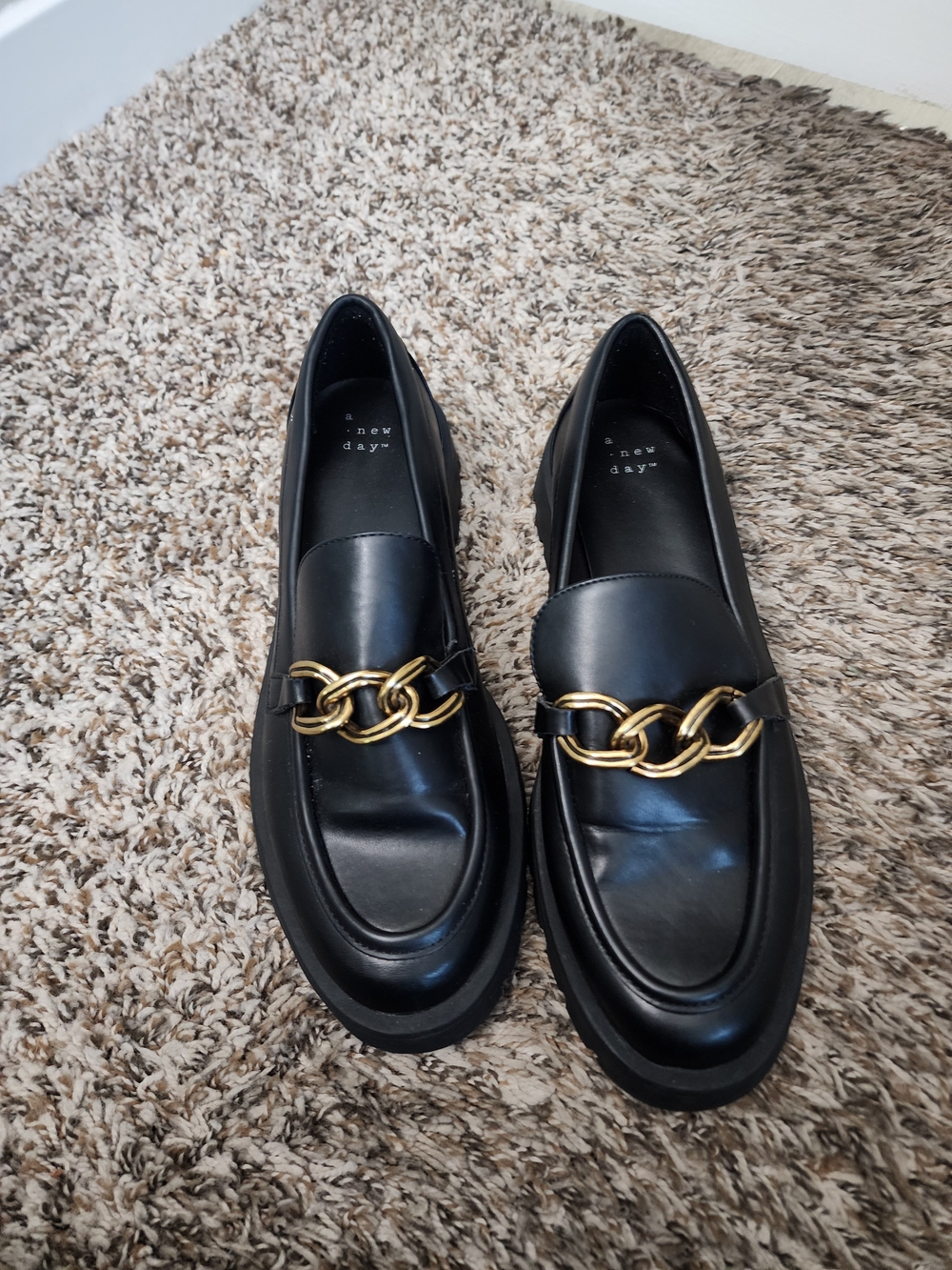 a new day Black Leather Loafers with Gold Chain Accent